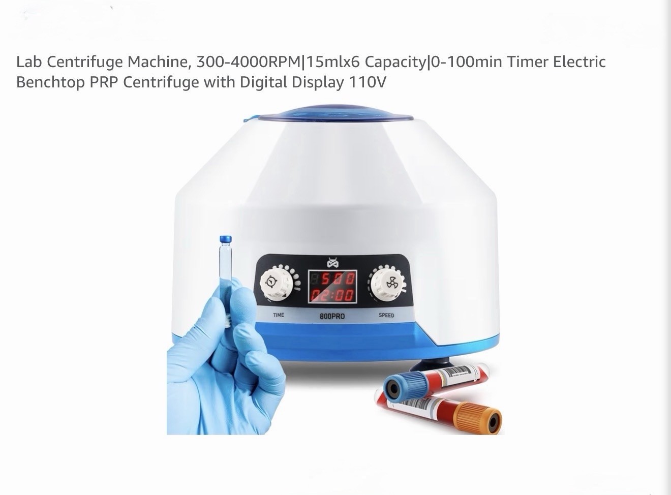 800PRO Low Speed Lab Centrifuge 300-4000RPM 15mL x6 Tubes, 110V w 0-100min timer