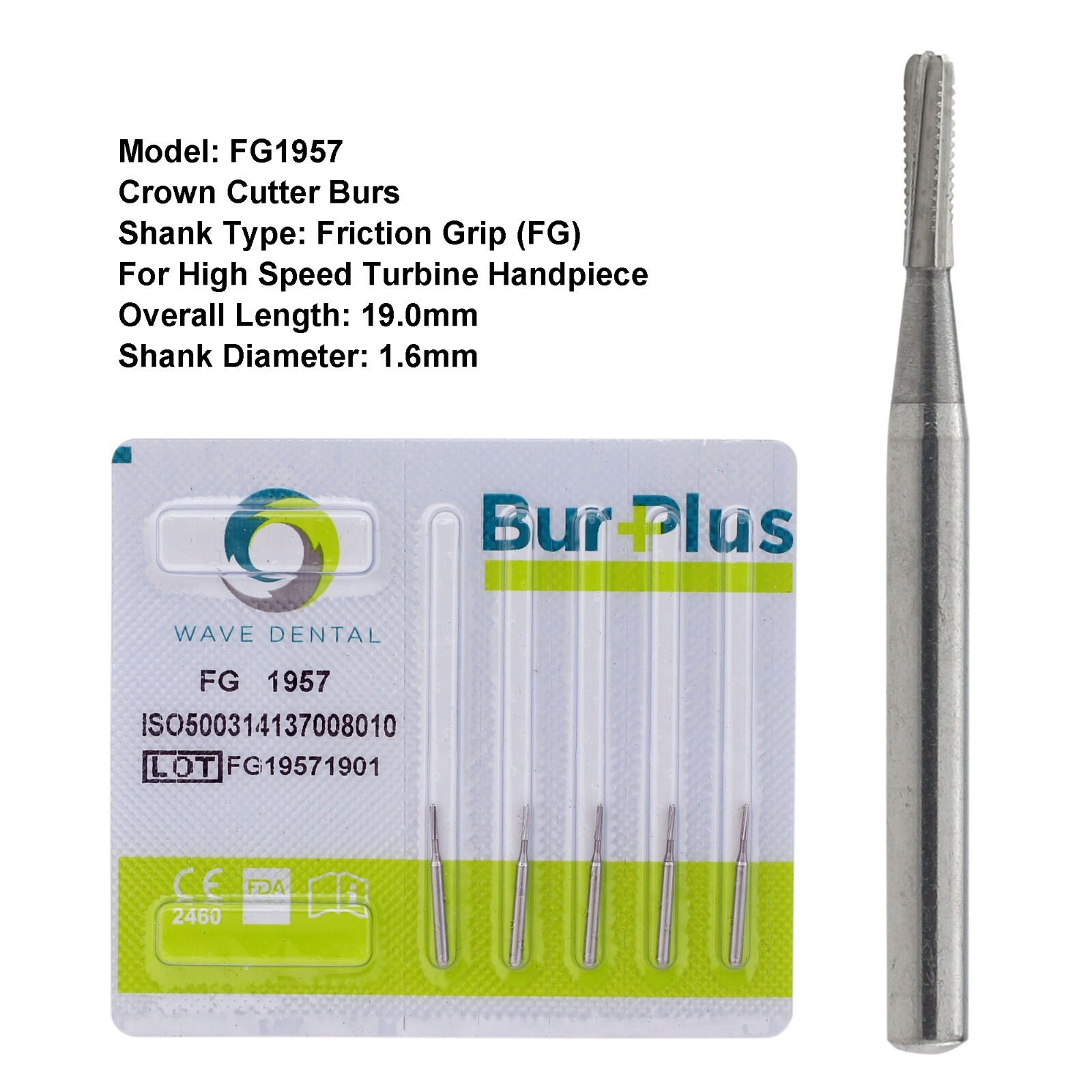 Wave Dental Crown Metal Cutting Burs Carbide FG 1957 1958 for High Speed 1.6mm