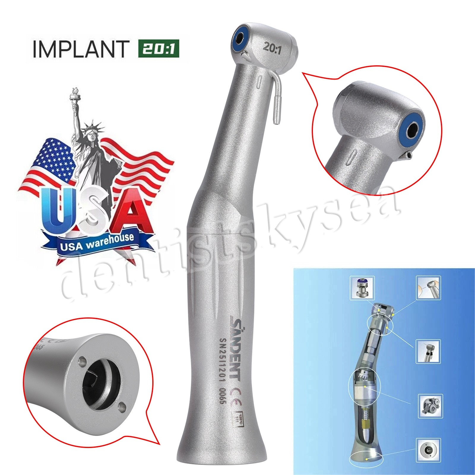 SANDENT 20:1 Reduction Implant Surgical Contra Angle Push Handpiece NY
