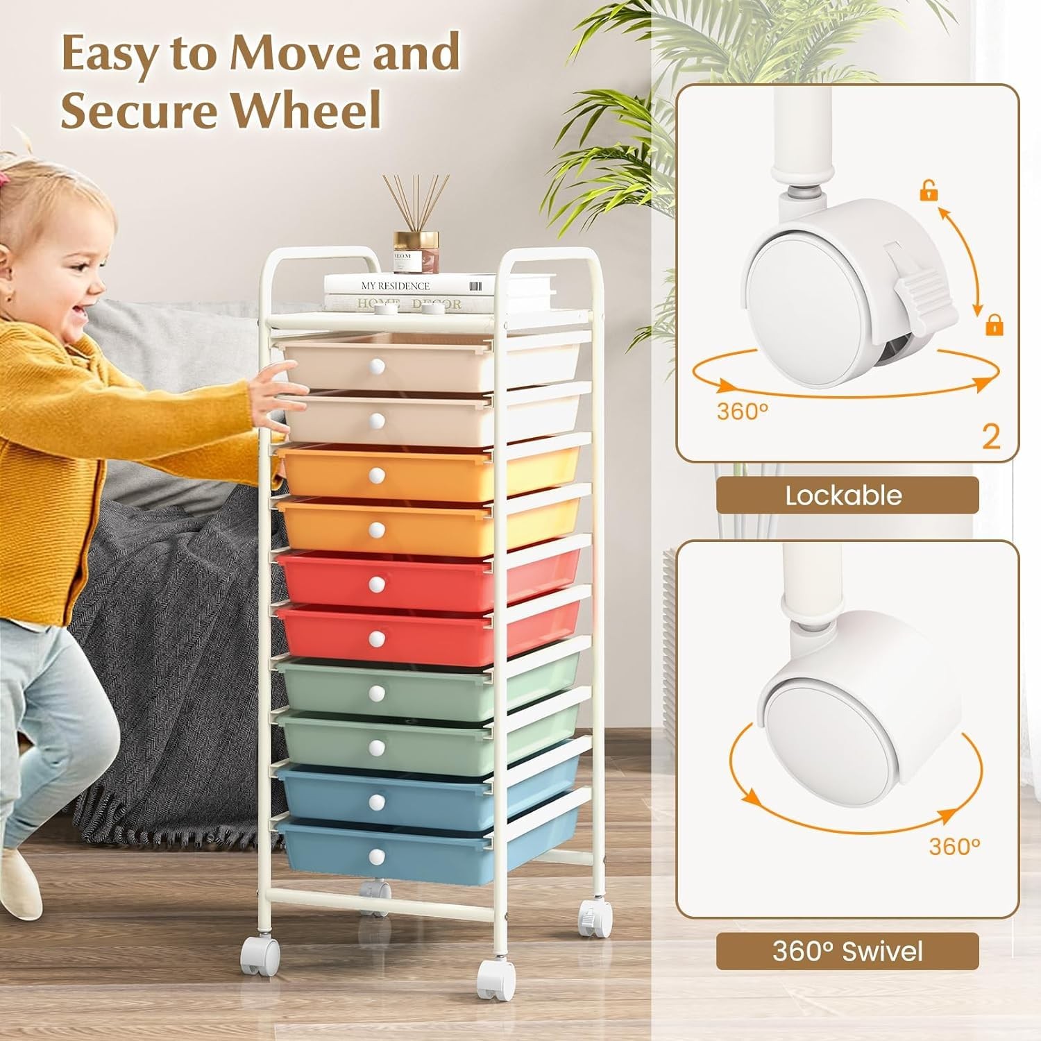 Futada 10-Drawer Rolling Storage Cart Multi-Color Alloy Steel Frame Plastic