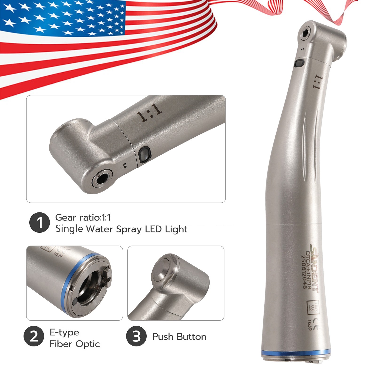 SANDENT Dental Fiber Optic LED 1:1 Contra Angle Low Speed Handpiece Push DL