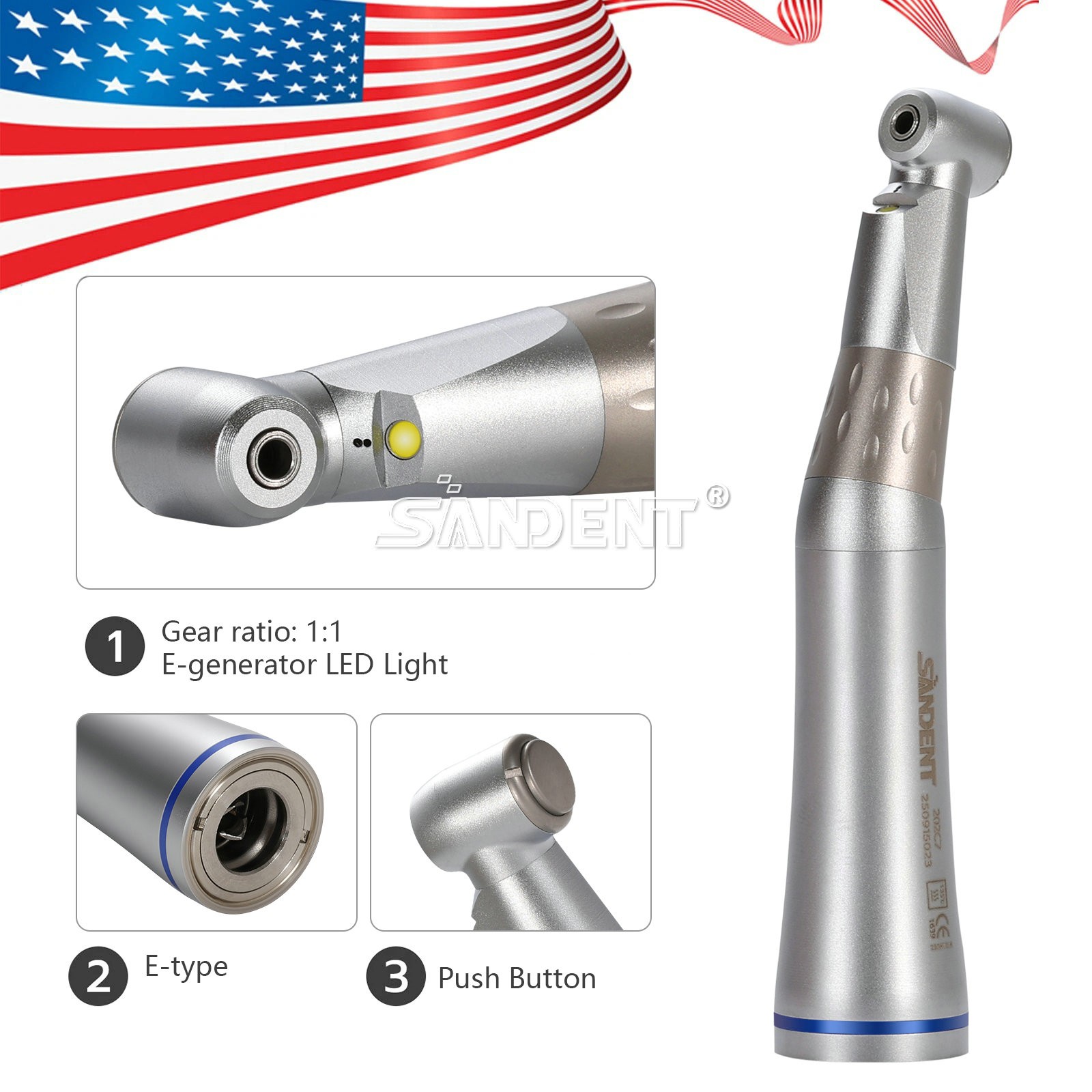 SANDENT 1:1 LED E-generator Fiber Optic Handpiece Contra Angle Inner Channel USA
