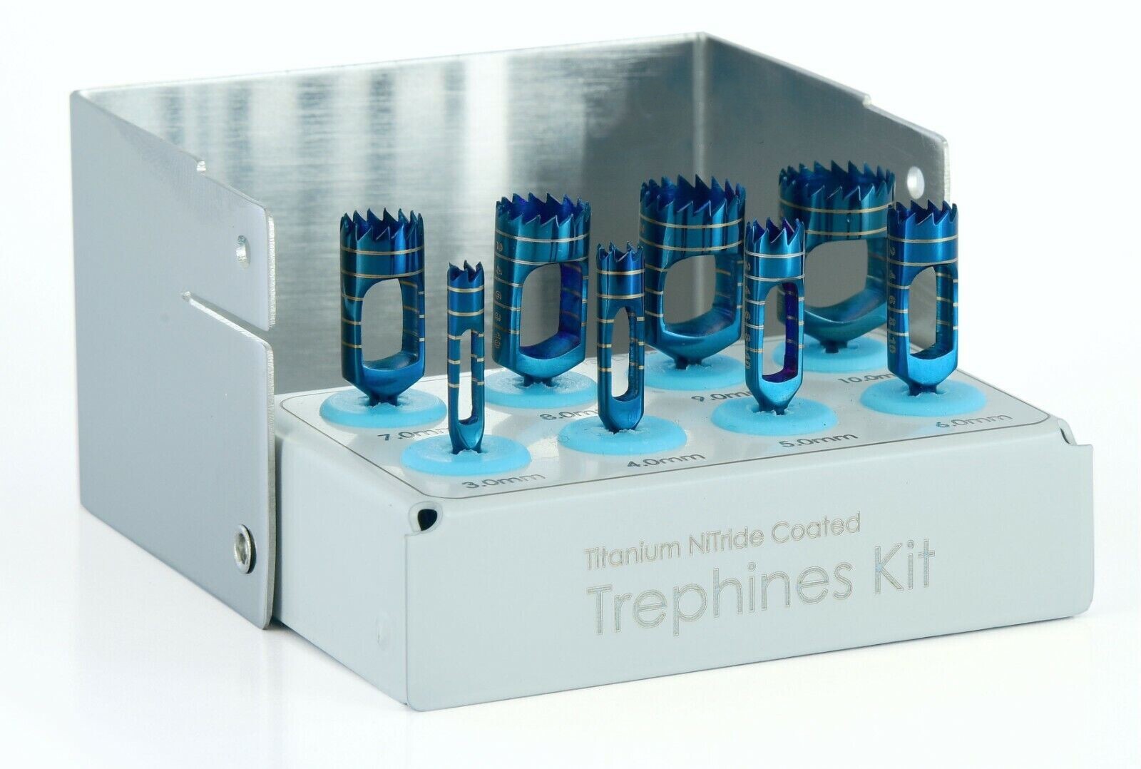 Dental Implant Trephine Drills Kit 8 Pcs Blue Titanium Coated & Bur Holder CE