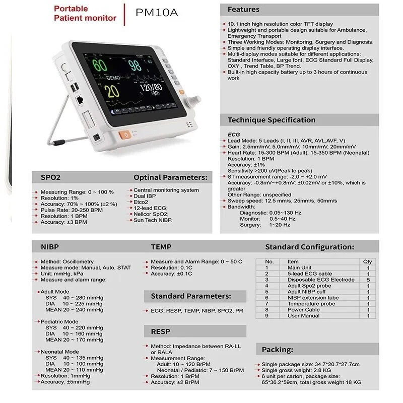 10″ Vital Signs Monitor ECG NIBP TEMP SPO2 PR RESP, US Warehouse Shipment