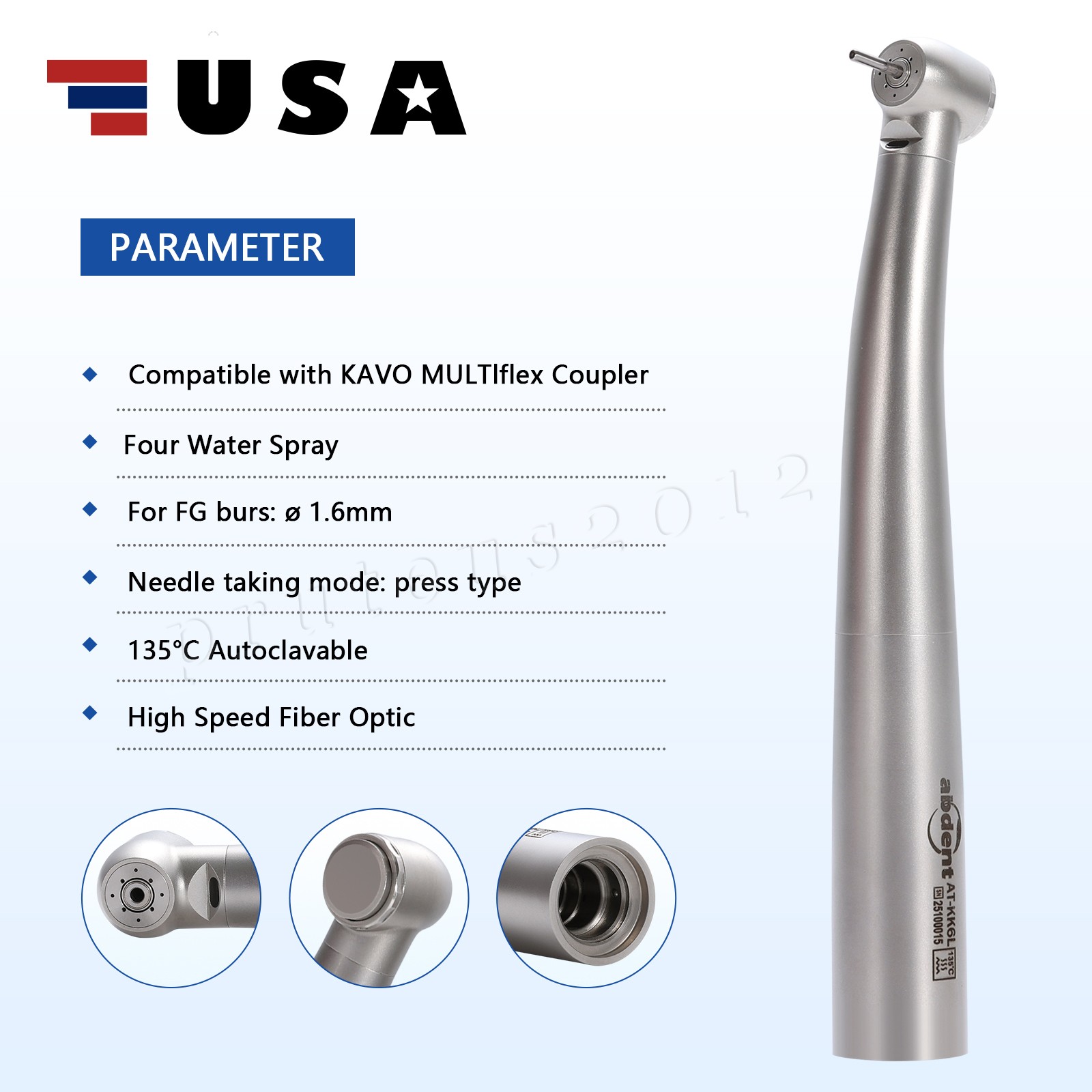 Abdent Dental Fiber Optic LED Handpiece 4 Spray/4 Hole LED Coupling Fit KAVO