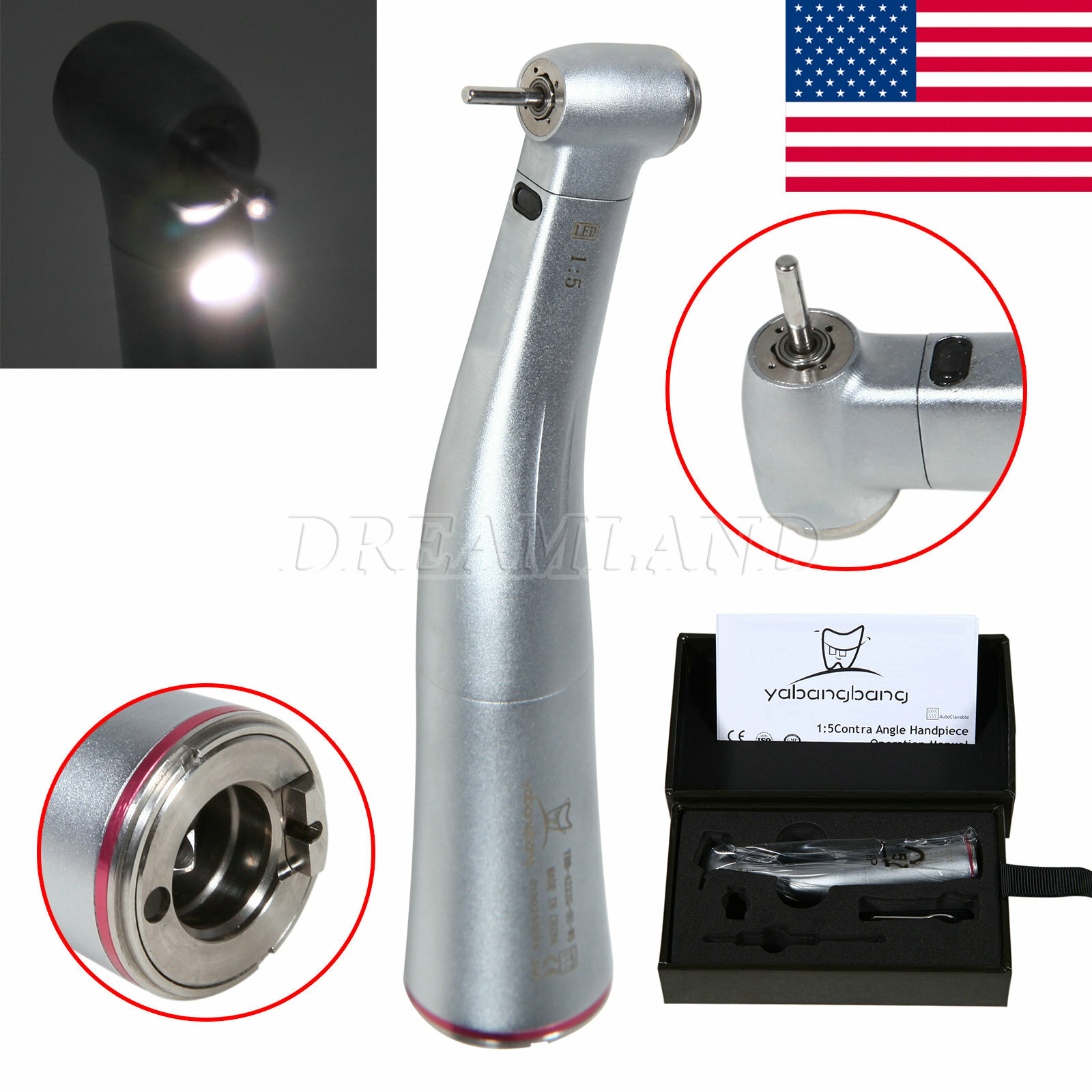 1-5 Dental 1:5 LED Light Fiber Optic Contra Angle Mini Handpiece for NSK az5