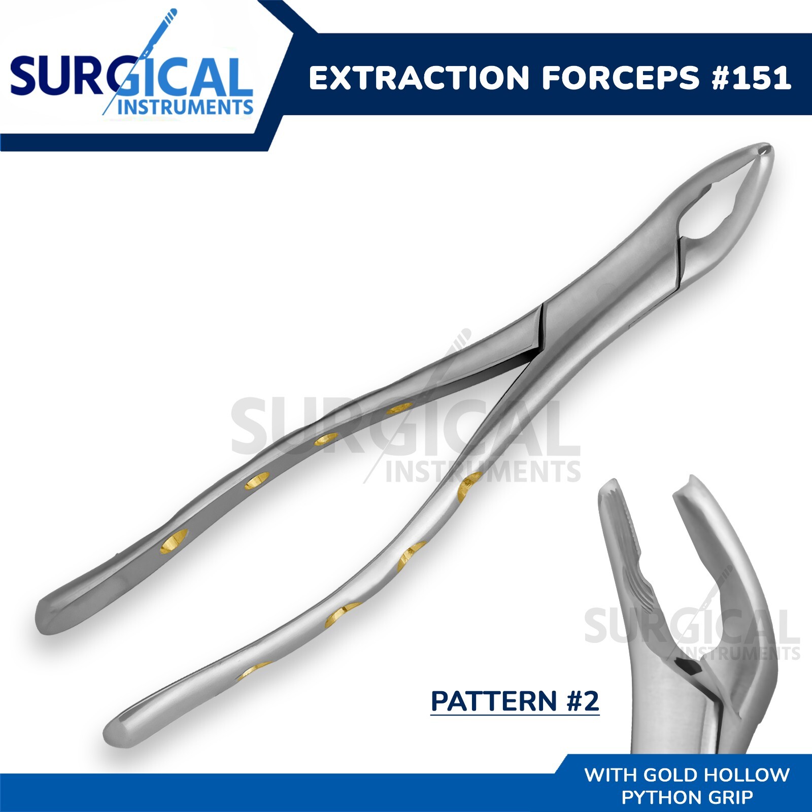 Heavy Duty Extraction Forcep #151 Gold Hollow Python Grip German Grade Pattern-2