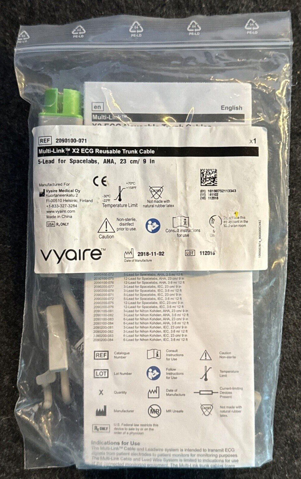 Vyaire / GE Medical Systems X2 ECG Trunk Cable 5 Lead, 2090100-071