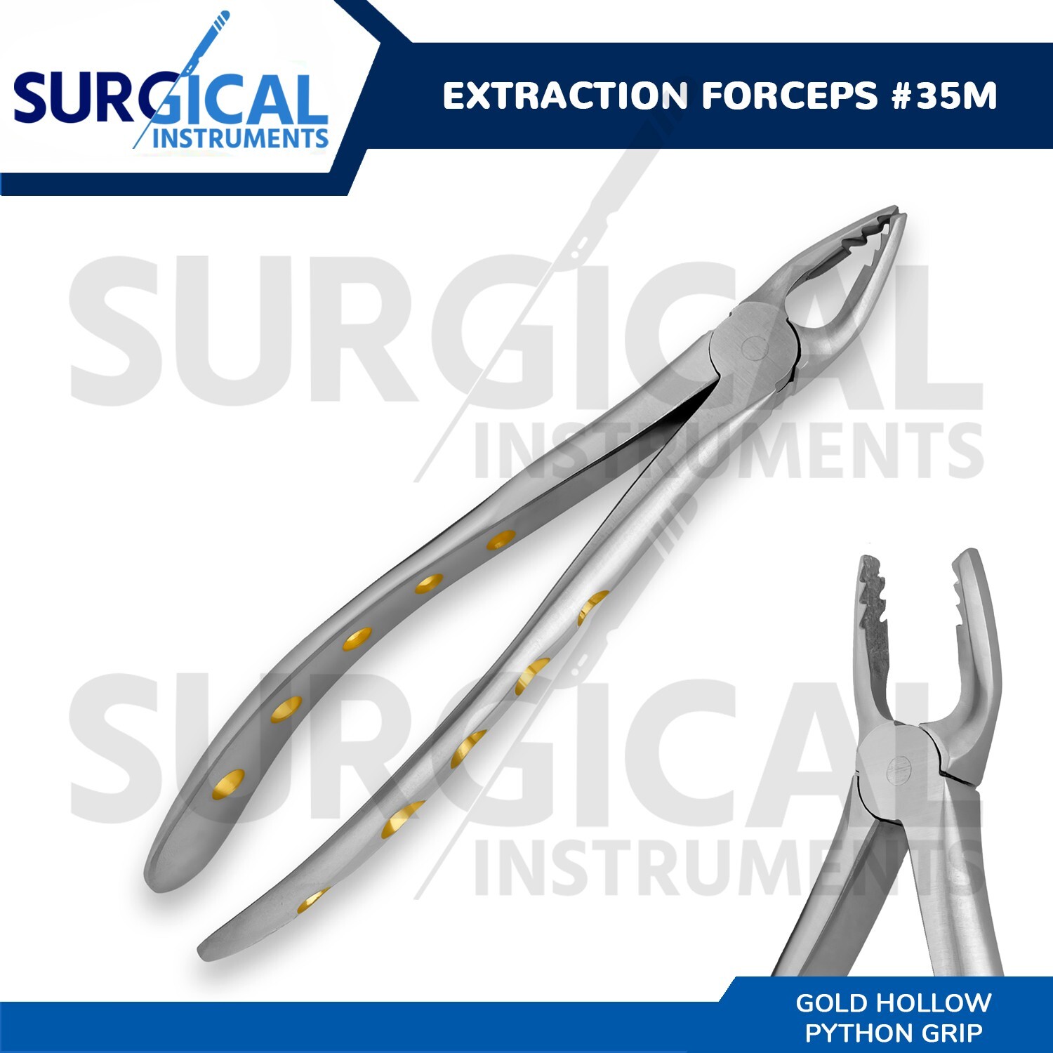 Heavy Duty Stainless Extraction Forceps #35M – Gold Hollow Python Grip German Gr