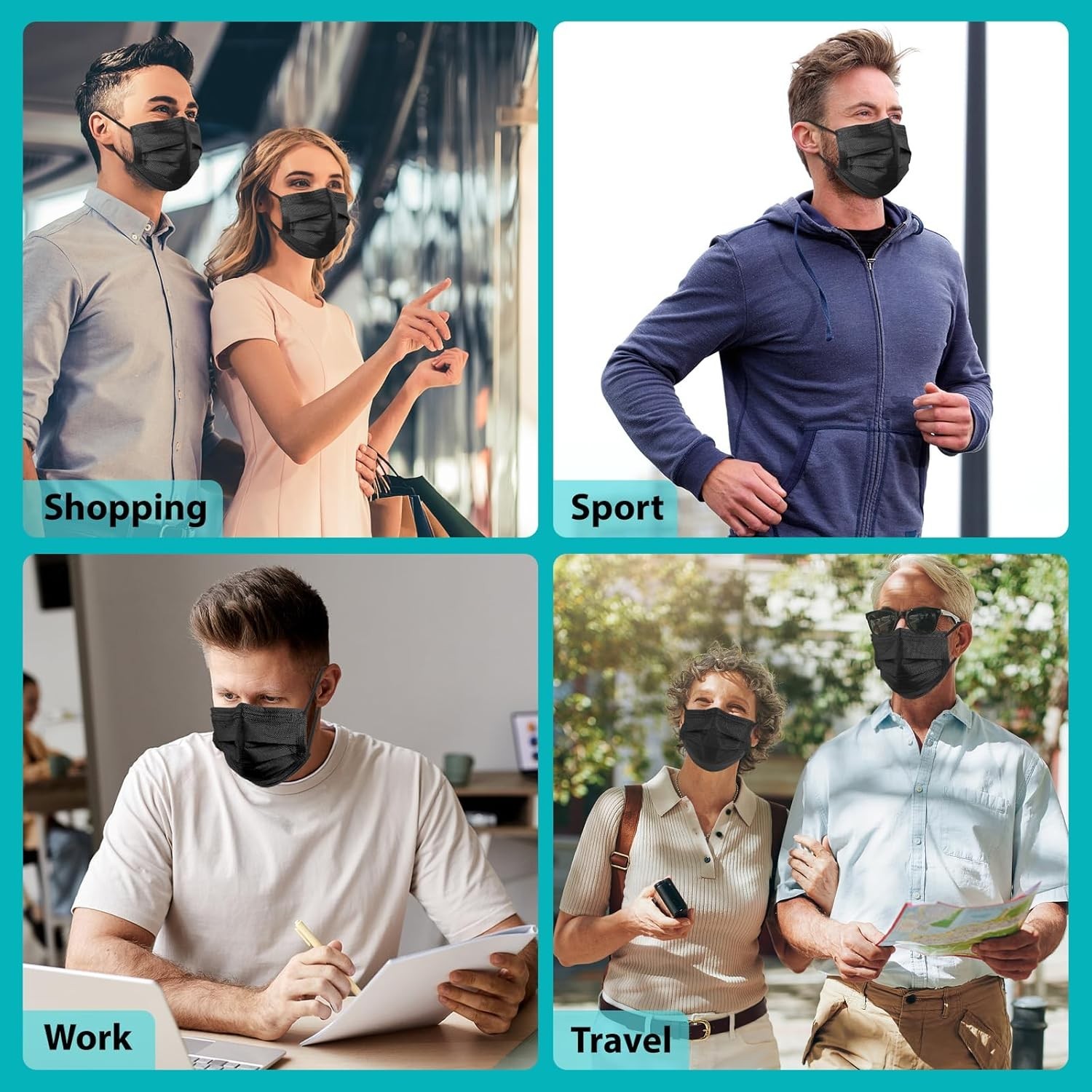 100 PCS Disposable Face , Black Disposable , 3 Ply Protection Face