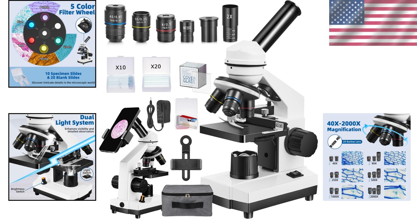 High Magnification Microscope Kit for Science Exploration with LED Illumination