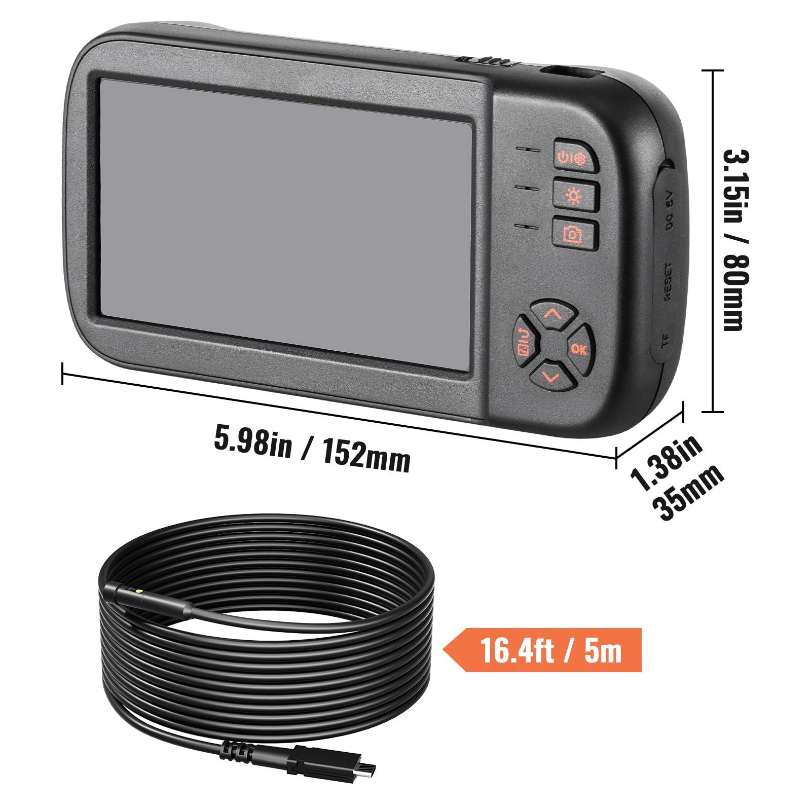 Triple Lens Borescope, 4.5″ 1080P Screen, IP67 Waterproof, 16.5ft Cable