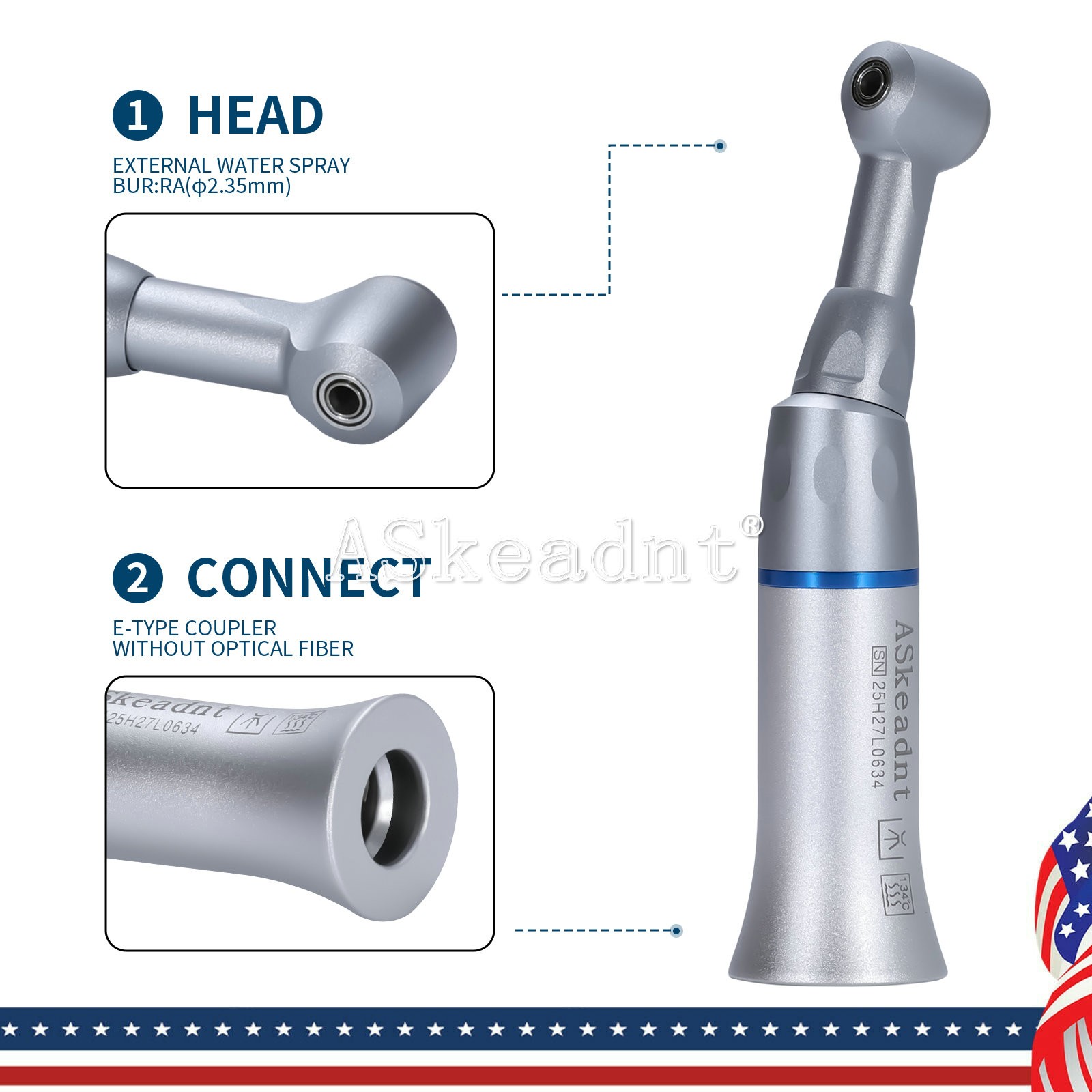 ASkeadnt Dental Low Speed Contra Angle Handpiece Push Button 1:1 E-type Attach