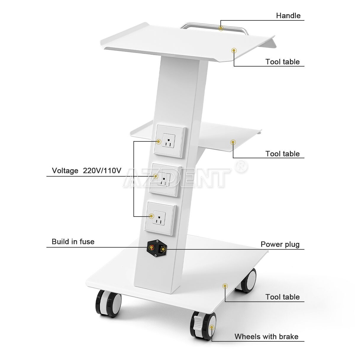 Dental Medical Cart Mobile Instrument Cart Trolley three layers Built-in Socket