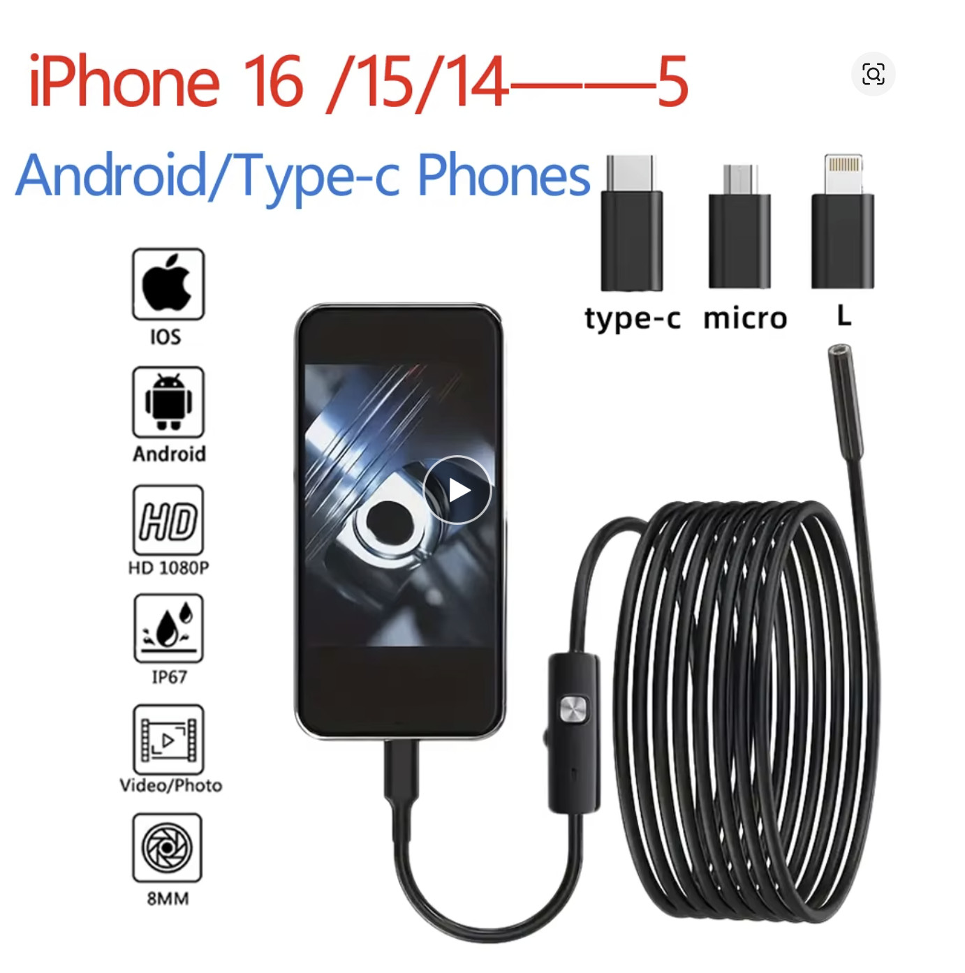 1920P HD Endoscope Borescope 8mm Inspection Snake Camera for iPhone Android iOS