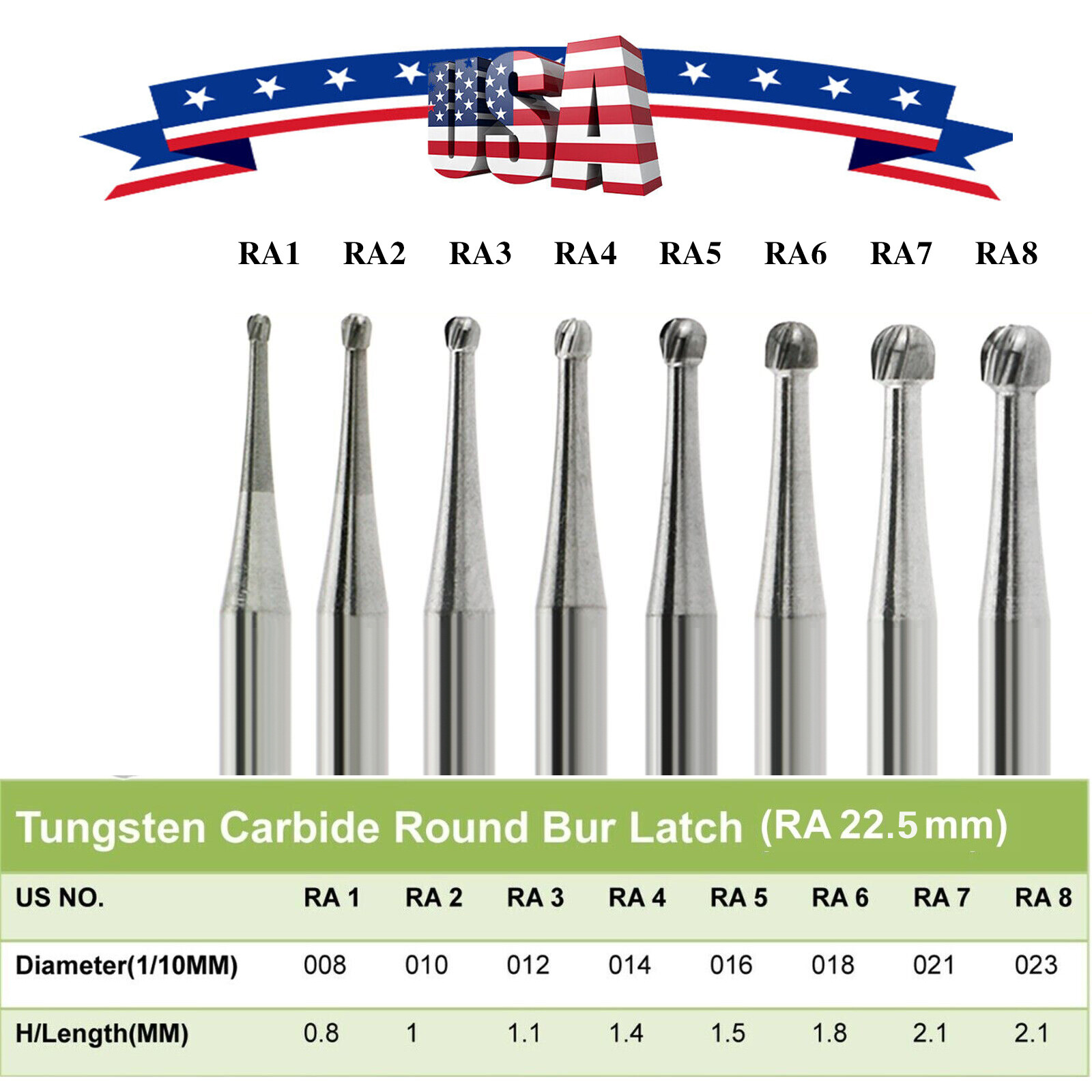 5 Pcs/Pack Dental Carbide Bur RA Round For Slow Speed Latch Type Burs 1#-8#