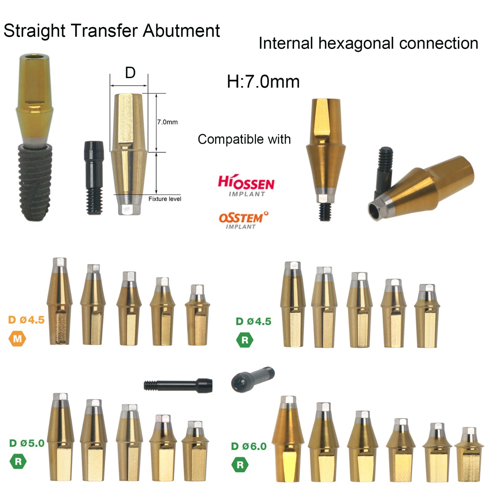 US Dental titanium abutment Compatible Hiossen ET SA Hex Mini/Regular Implants
