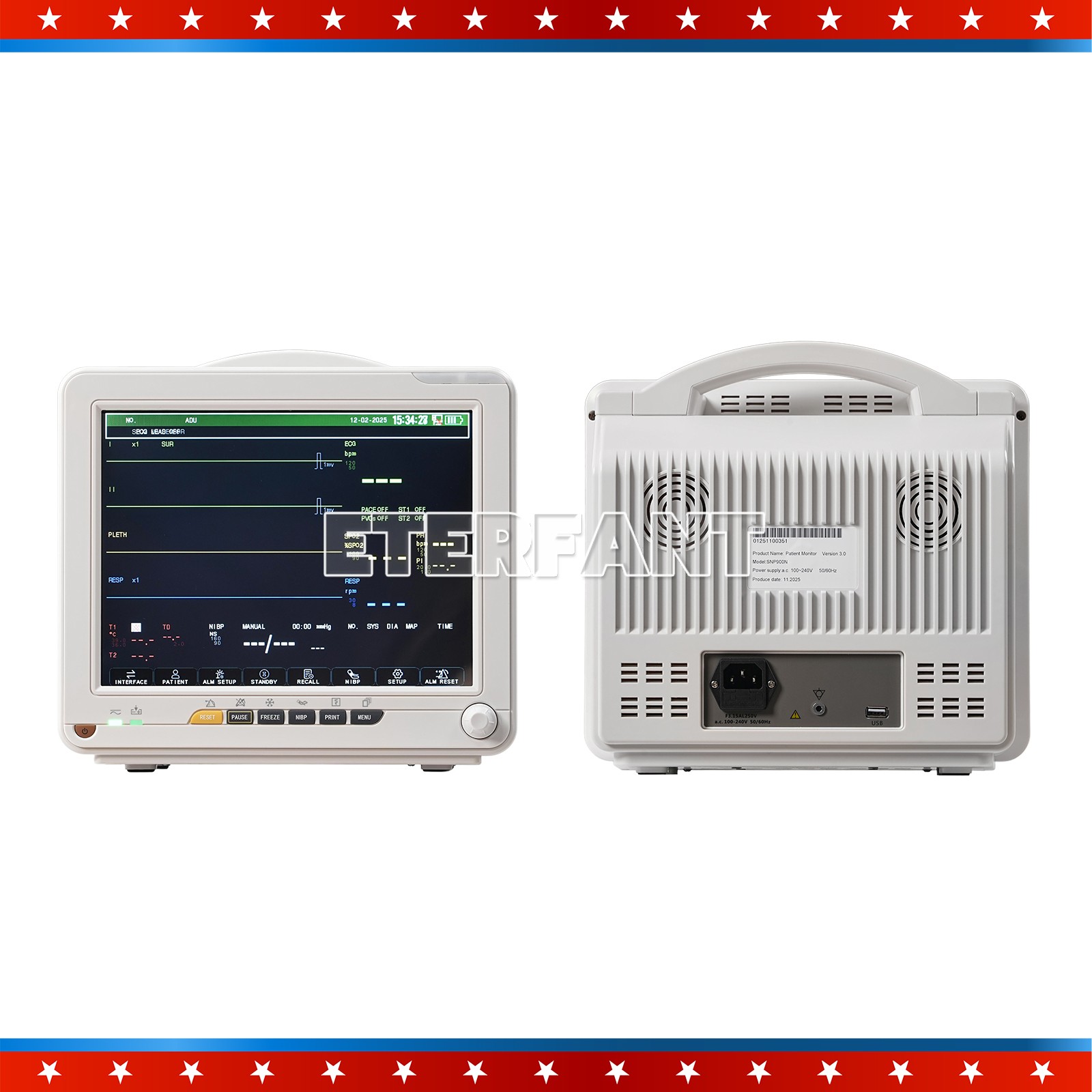 12-Inch Patient Vital Signs Monitor Multi-Parameter ECG/NIBP/TEMP/RESP/SPO2/PR