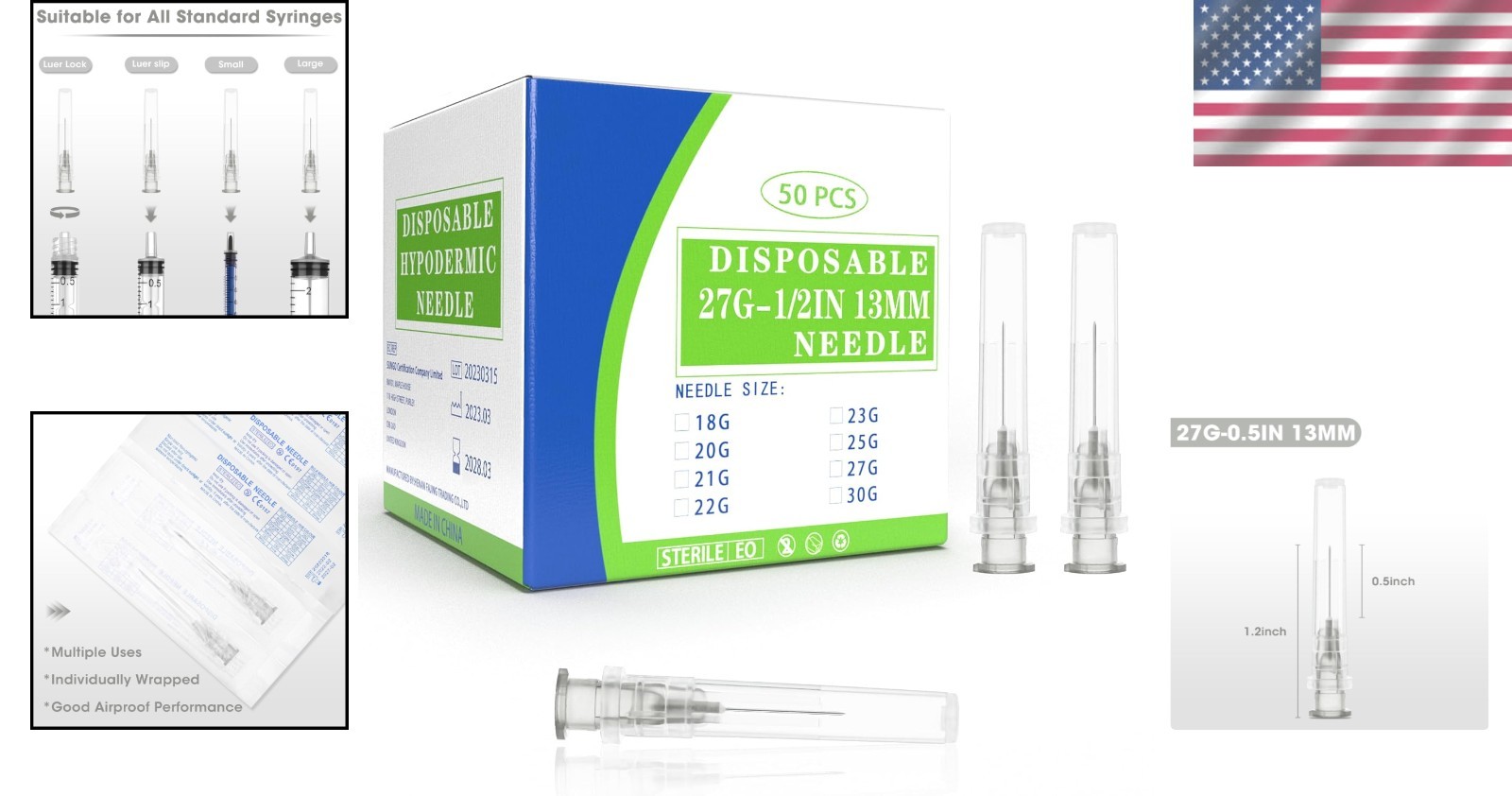 50 Pack 27 Ga 1/2 inch Disposable Needles with Caps for Scientific and Indus…