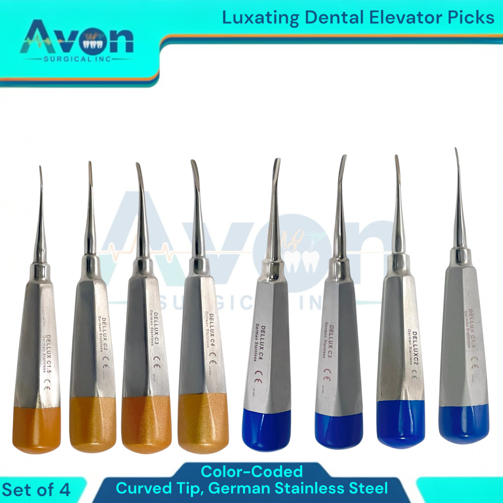 GERMAN Dental Luxating Elevator Tooth Extracting Tools 8 Pcs Curved (GOLD+BLUE )