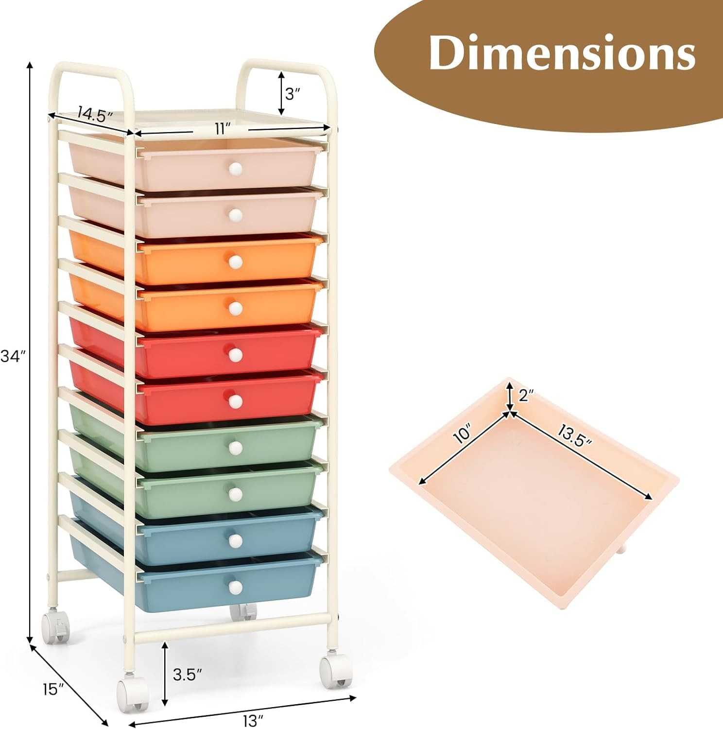 Futada 10-Drawer Rolling Storage Cart Multi-Color Alloy Steel Frame Plastic
