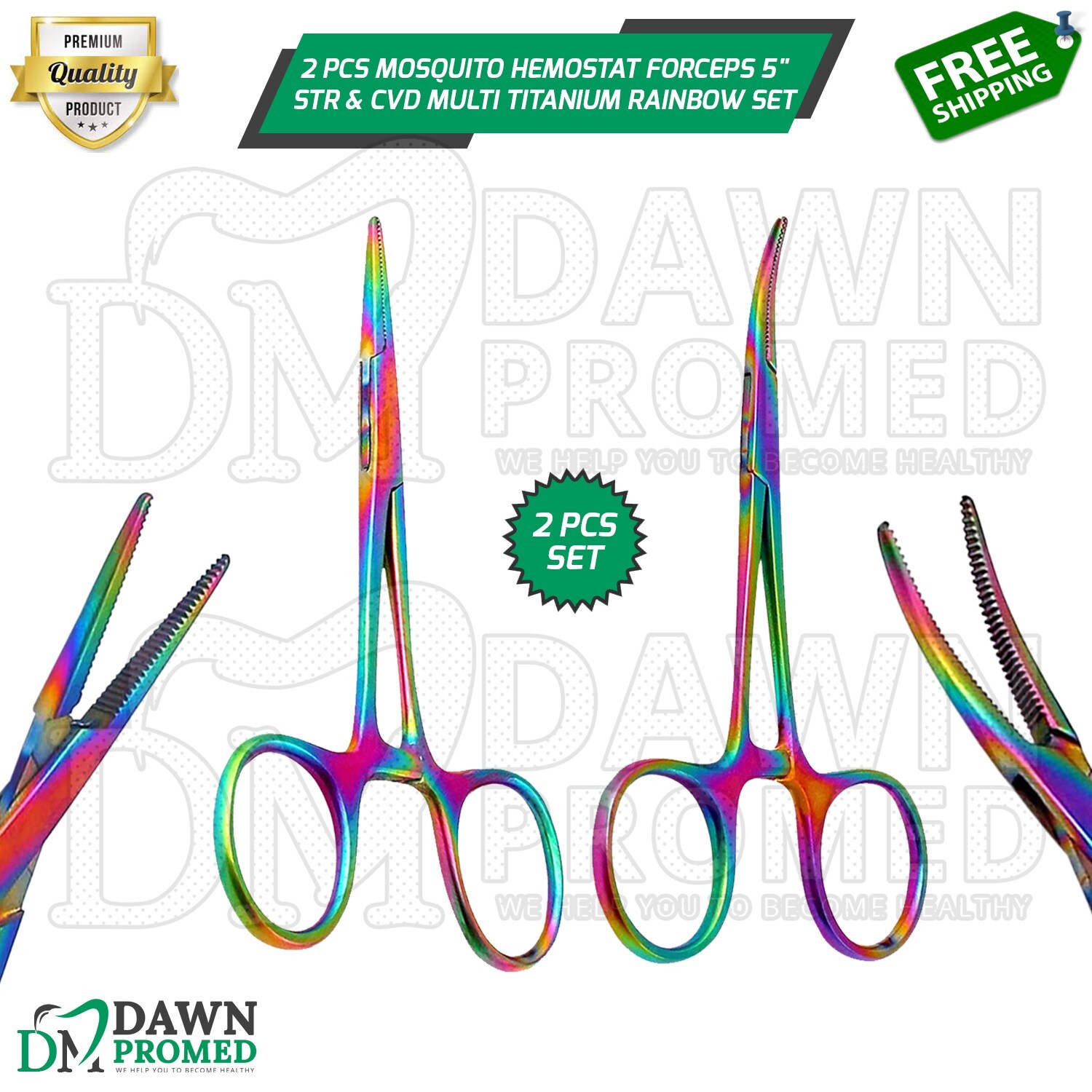 2 Pcs Mosquito Hemostat Forceps 5″ STR & CVD Multi Titanium Rainbow German Grade