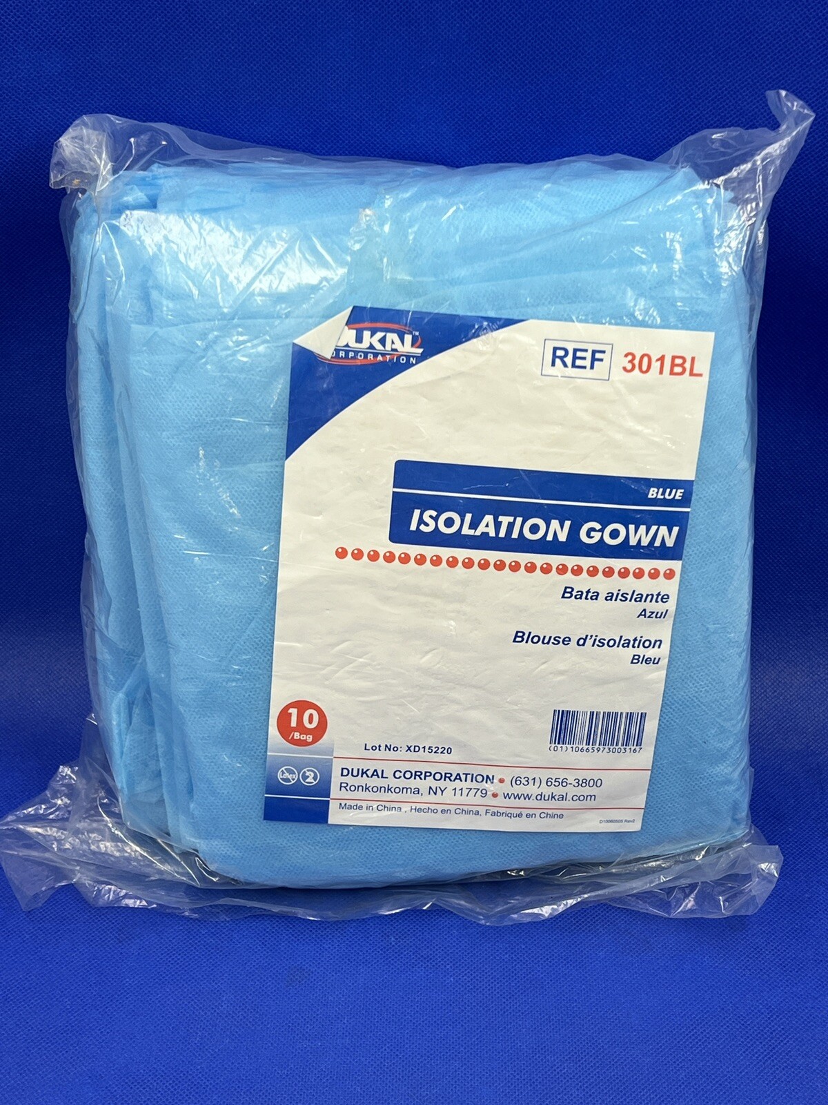 Dukal 301BL Isolation Gowns Universal Blue 10 Count Bag
