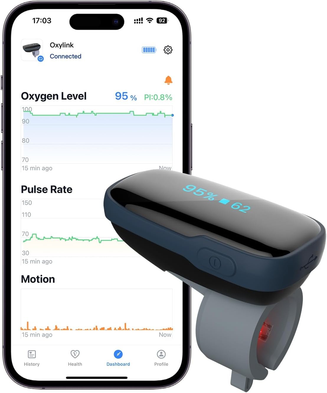 Vibeat Oxylink Wearable Blood Oxygen Monitor Bluetooth Pulse Oximeter Finger App