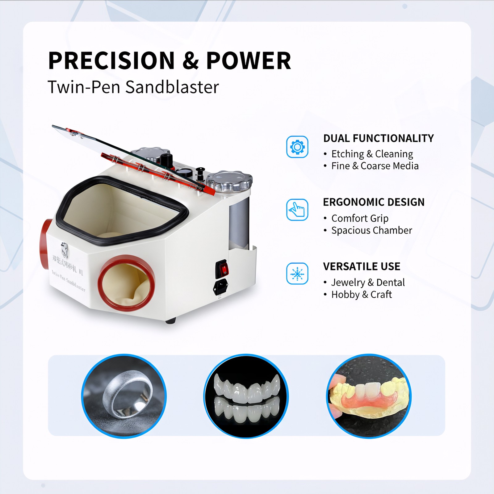 Dental Twin-pen Blasting Unit Large Window Sandblaster Machine with Metal Tank