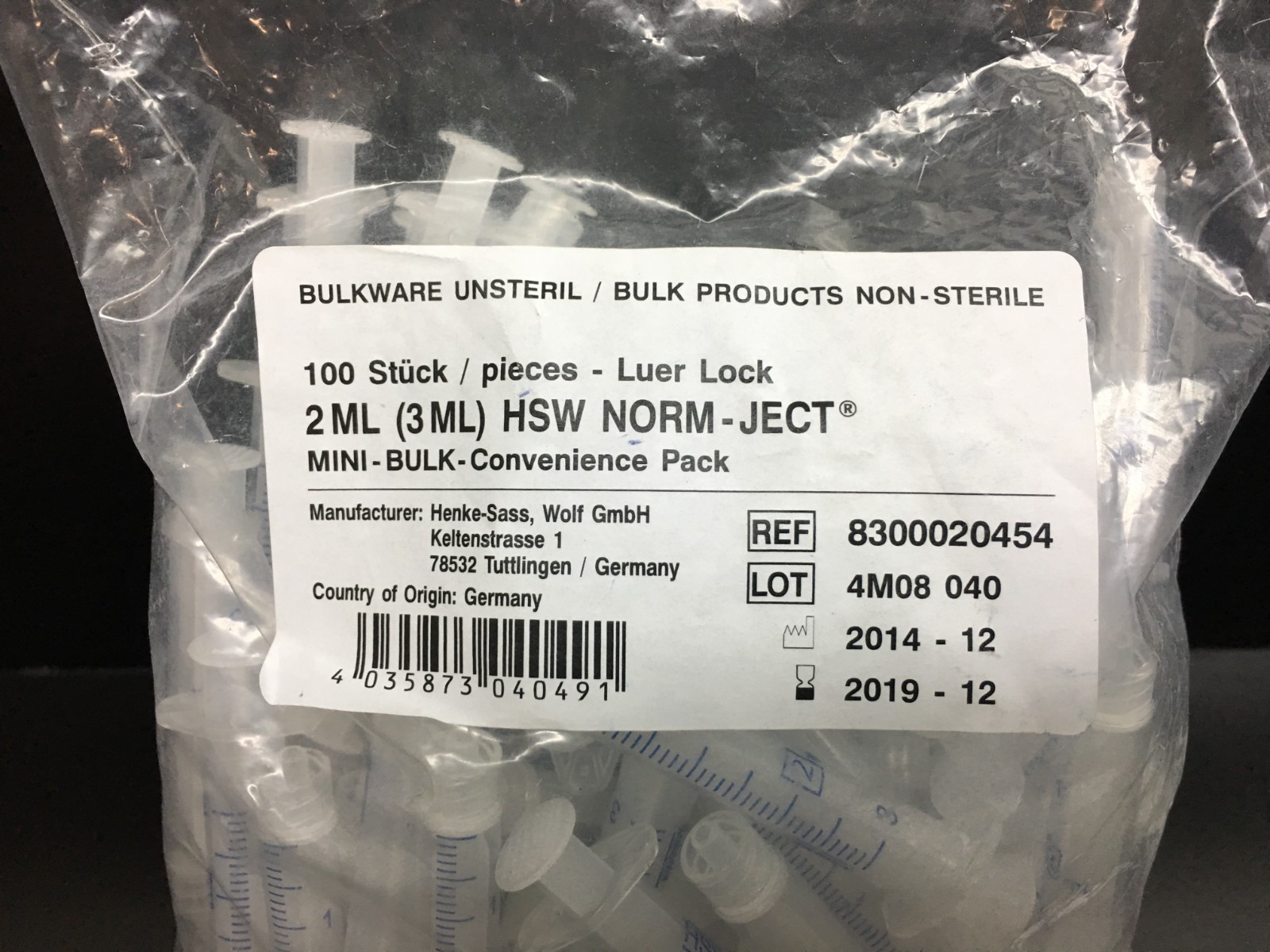 NORM-JECT REF 8300020454 Plastic Syringes Luer Lock 2mL (3mL) HSW