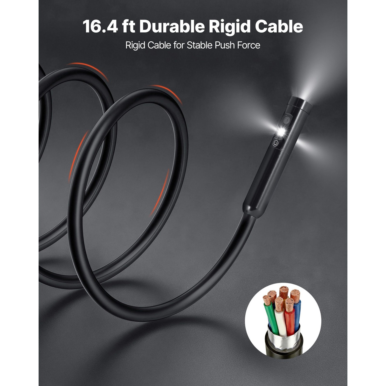 Borescope with 3 Lenses: 4.5″ IPS Screen, 8X Zoom, IP67, 16.4ft Rigid Cable