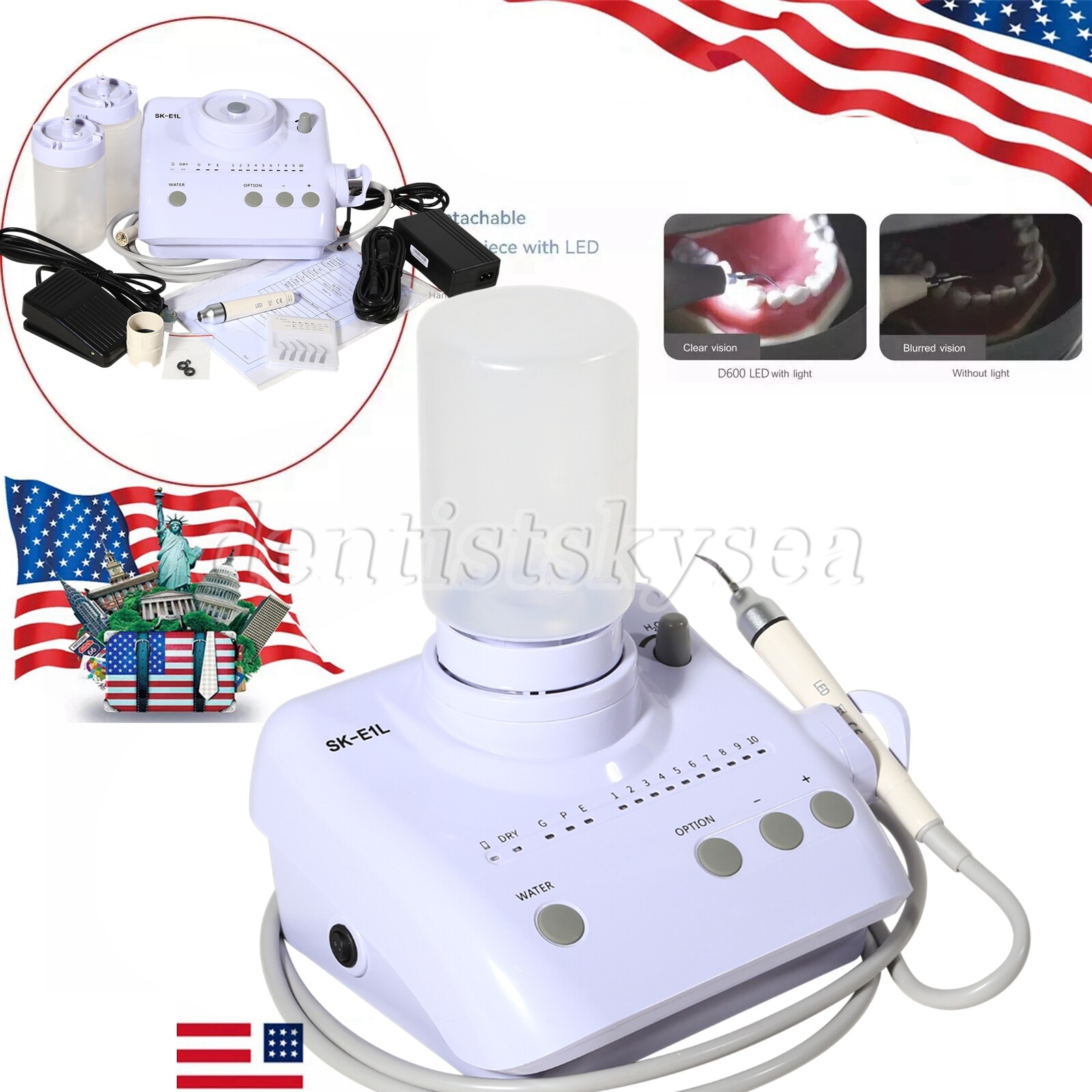 SKYSEA Dental Ultrasonic Scaler +LED detachable Handpiece+2*Bottles E1L NEW