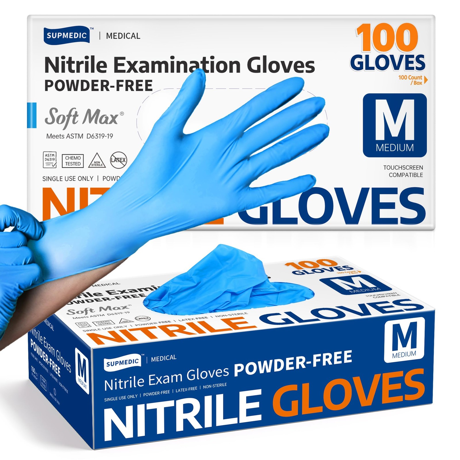 Supmedic Medical Nitrile Exam Gloves, Latex-Free, Medium, Blue (Medium)