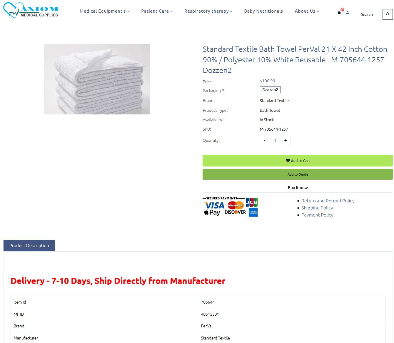 36 STANDARD TEXTILE BATH TOWEL PERVAL 21 X 42 40515301 REUSABLE WASHABLE TOWELS