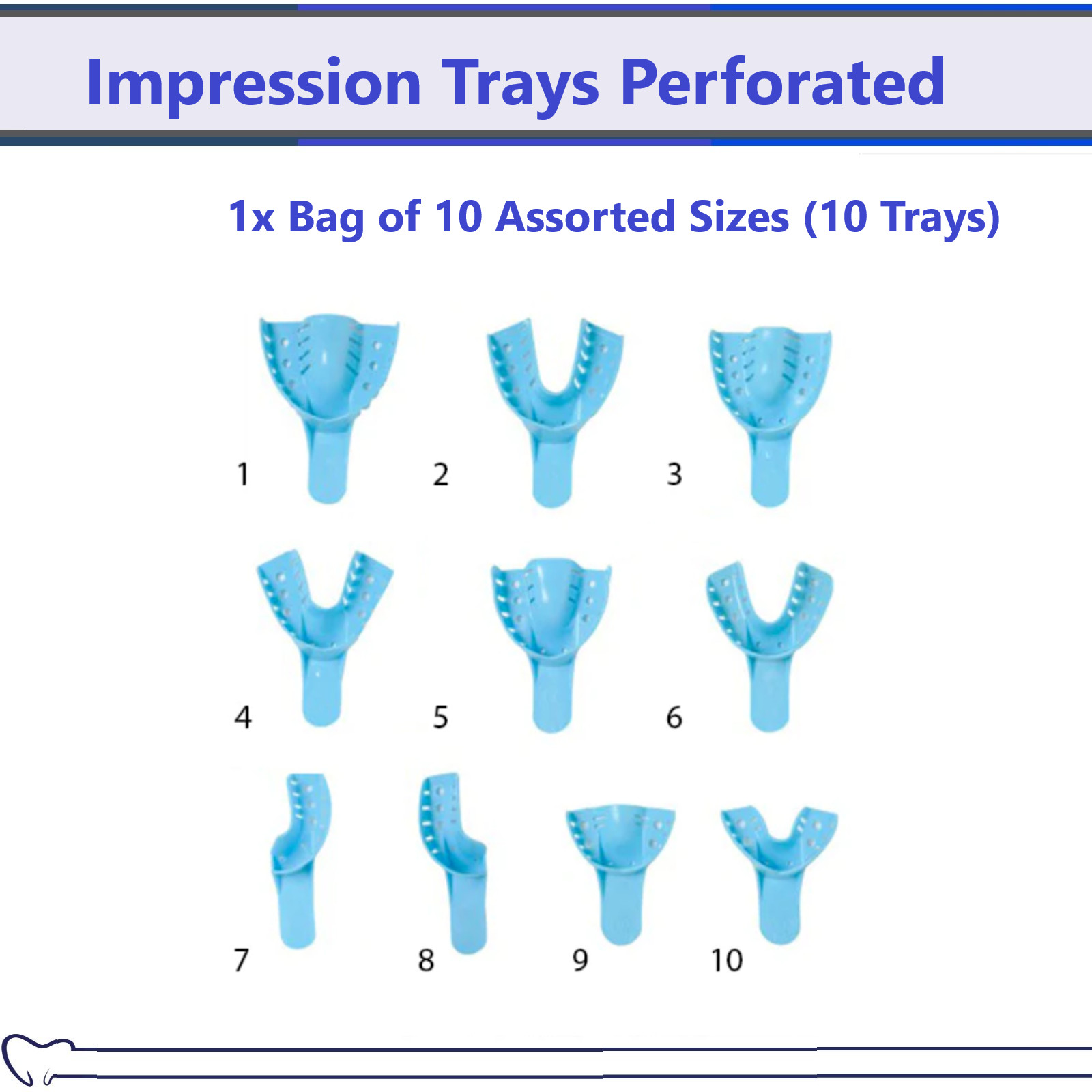 Dental Perforated Impression Plastic Disposable Trays Denture 1 Bag of 10 Size