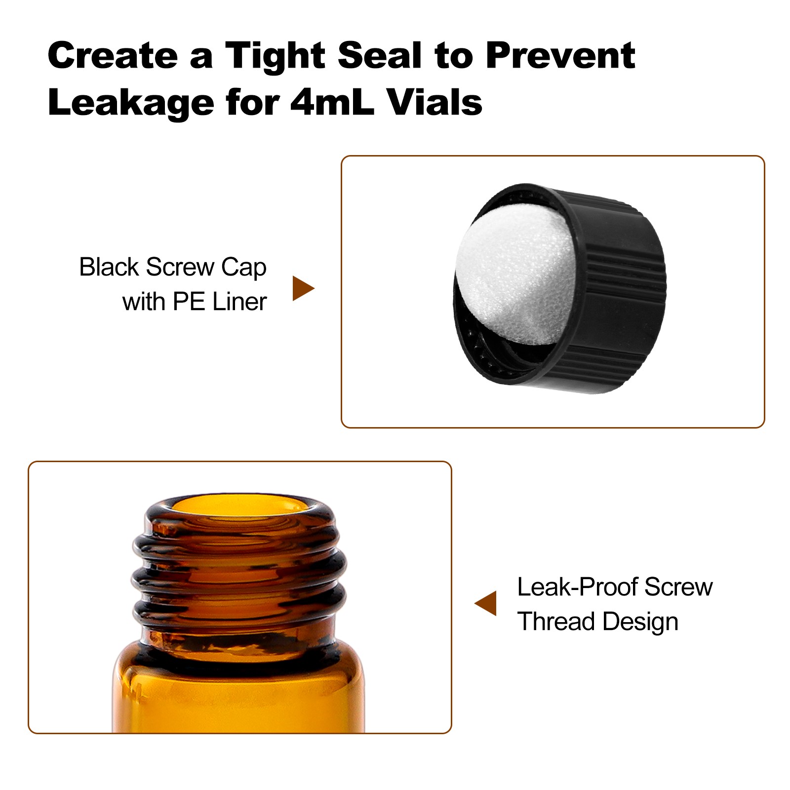 100 Pack 4ml Sample Vials 1 Dram Amber Glass Vials with Black PP Screw Caps US
