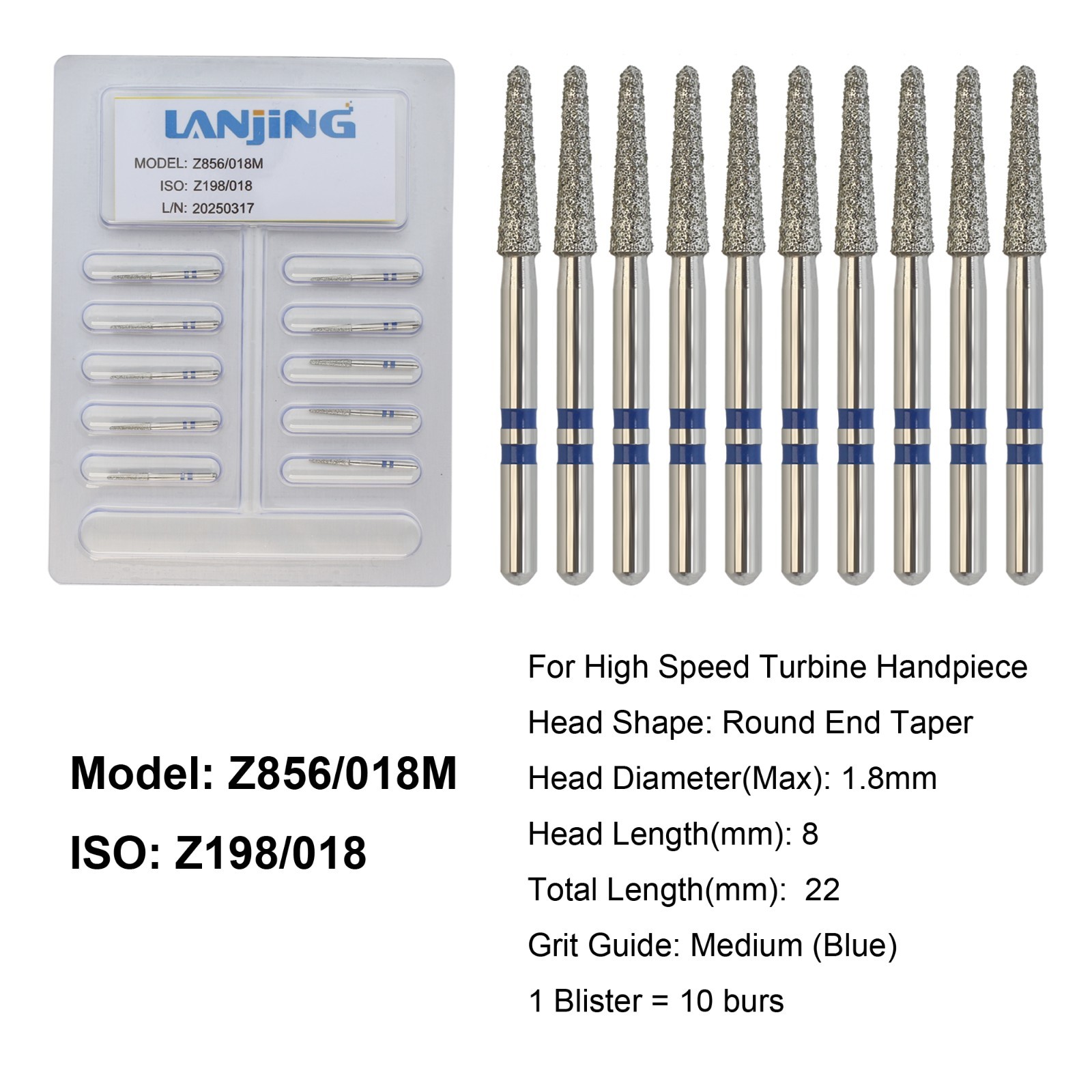 Dental Zirconia Diamond Burs Round End Taper High Speed Bur FG Medium Z856/018M