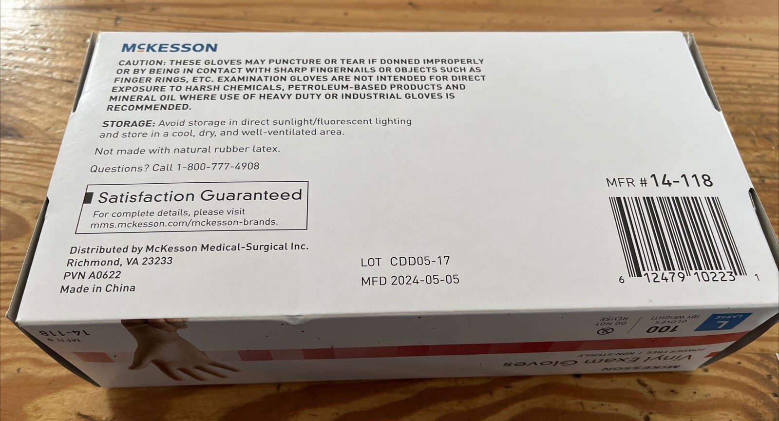 McKesson Vinyl Exam Glove Standard Cuff Lgth, LARGE, 100/Box Powder Free #14-118