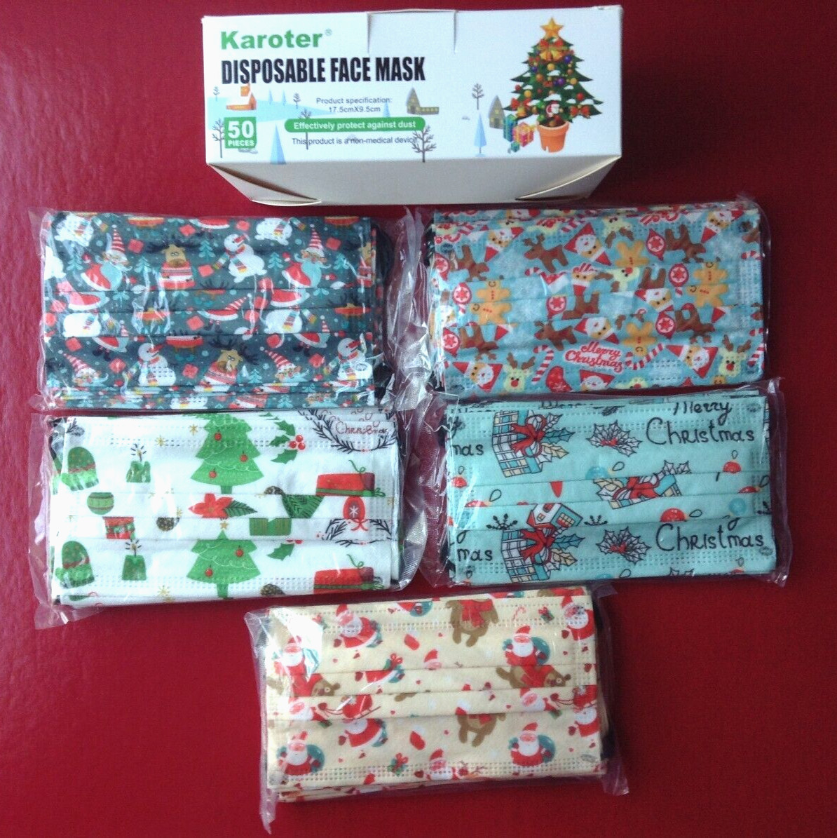 Face Masks, Disposable, Christmas Holiday by Karoter 3 Ply Kids Size ~ 50 Piece