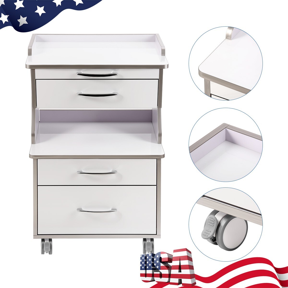 Dental Mobile Utility Cart Storage Cabinet Drawers /Three Layer Medical Trolley