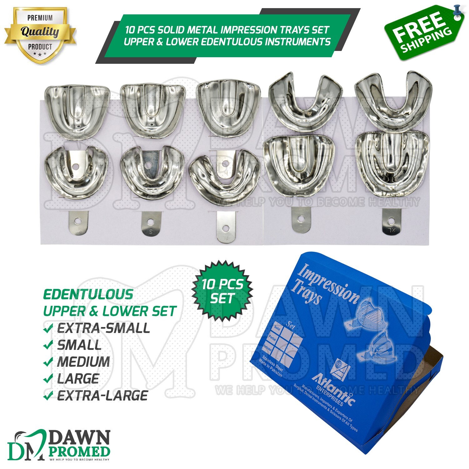 10 Pcs Solid Metal Dental Impression Trays Set Upper/Lower Edentulous Instrument