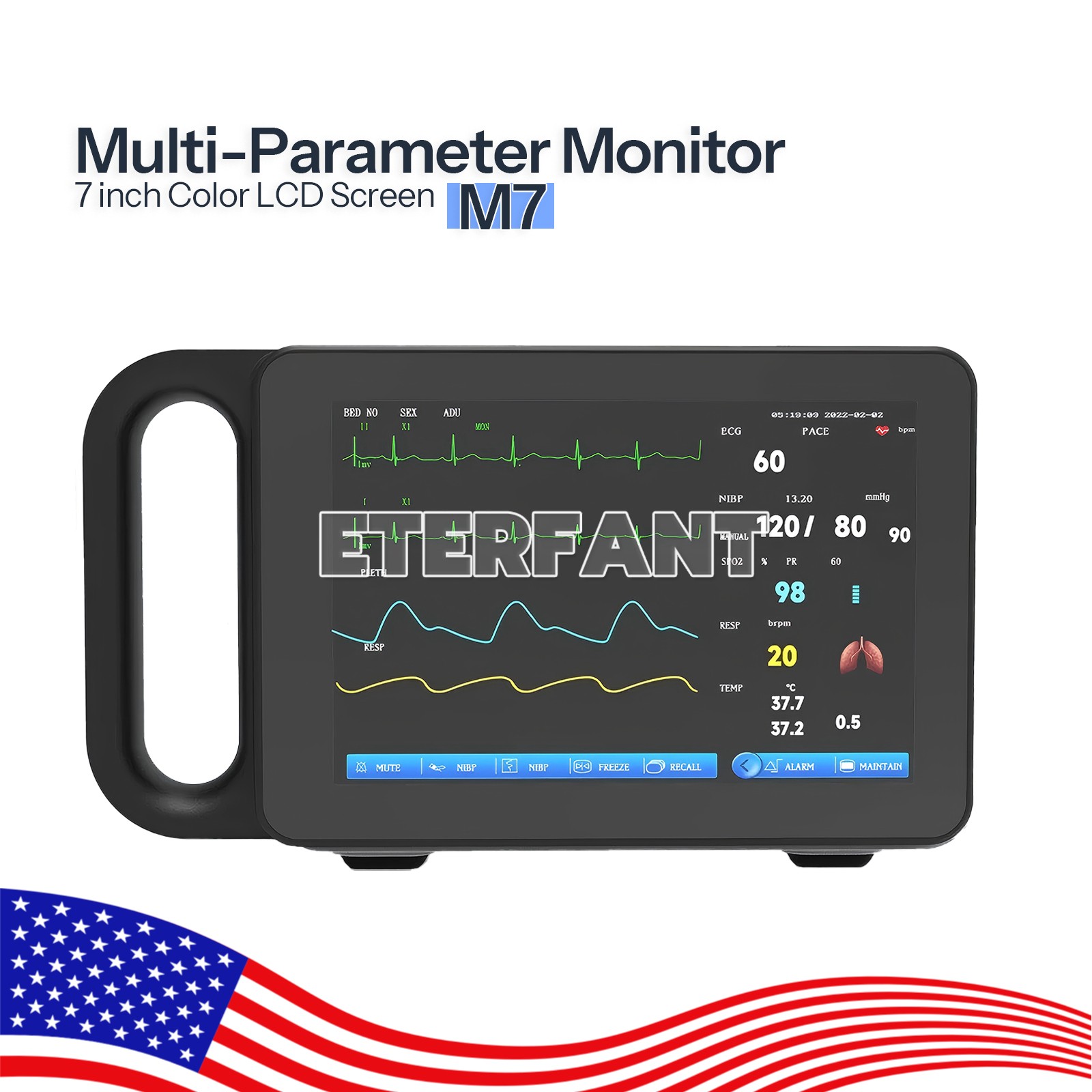 M7 7″ Multi-parameter Patient Monitor Touch Screen ECG/RESP/TEMP/NIBP/SPO2/PR