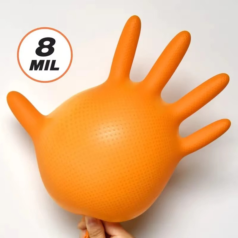 Orange Nitrile Disposable Gloves Strong Heavy Duty Diamond Orange 10PCS M