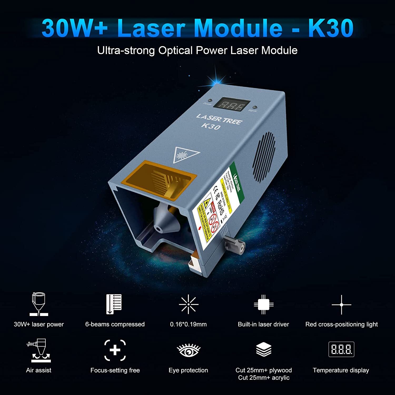 K30 30W+ Optical Power Laser Engraver Module with Air Assist for Wood and Metal
