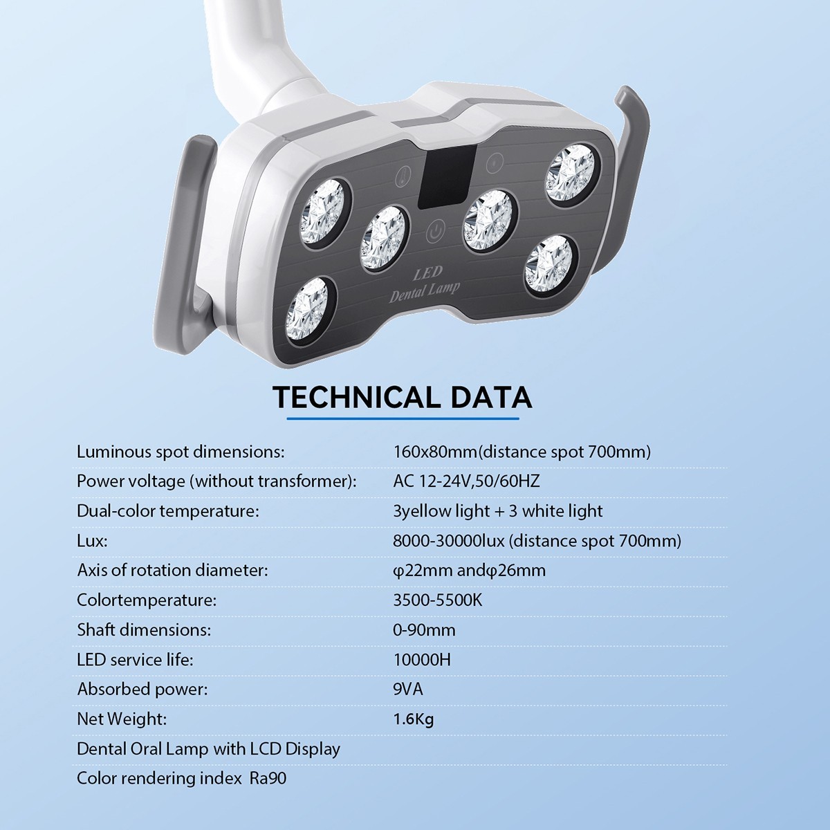 Dental Oral Cold Light Lamp For Chair Unit 6LED LCD Display Lamp 2Yellow+4White
