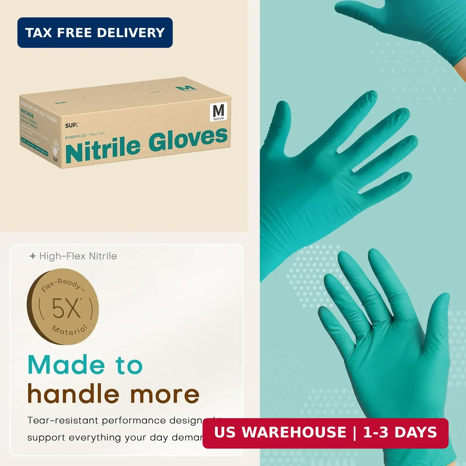 SUP Powder-Free Nitrile Exam Gloves, 100 Count Food Safe Latex-Free Disposable G