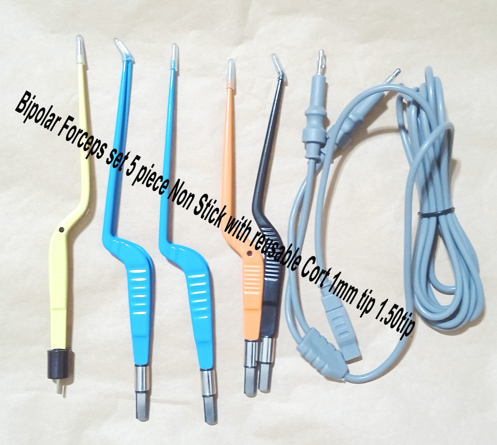 Bipolar Forceps set 5 pcs Non Stick with reusable Cort 1mm tip 1.50 tip