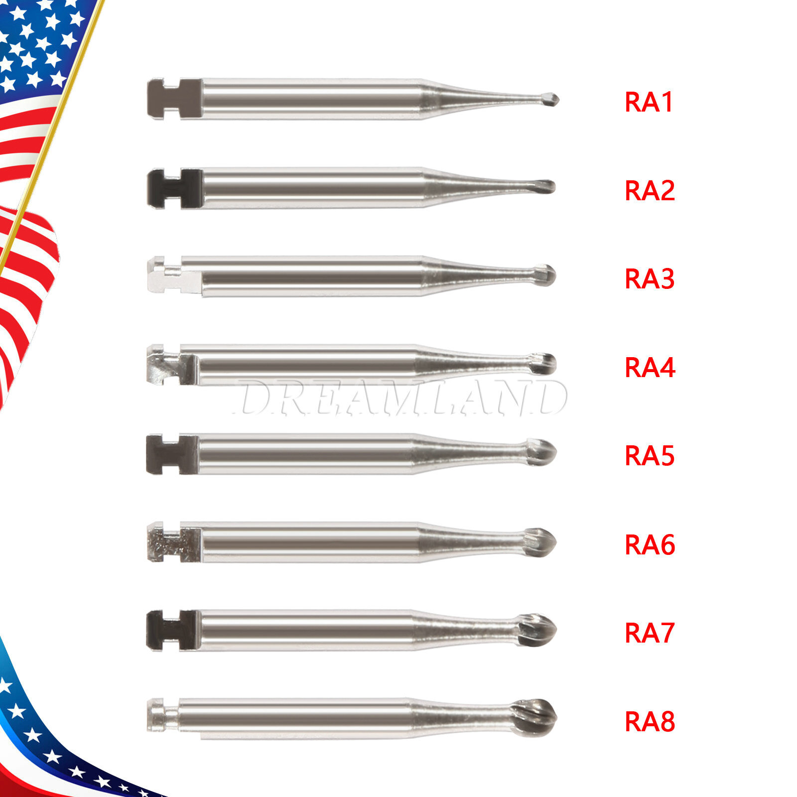 8 Types Dental Round Carbide Bur for Low Speed Latch Type RA 1# – 8# Burs USA