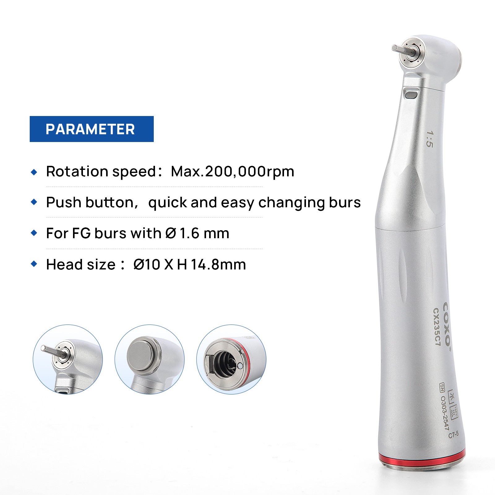 COXO Dental LED Handpiece 1:5 Speed Increasing Optic Fiber Contra Angle CX235C7