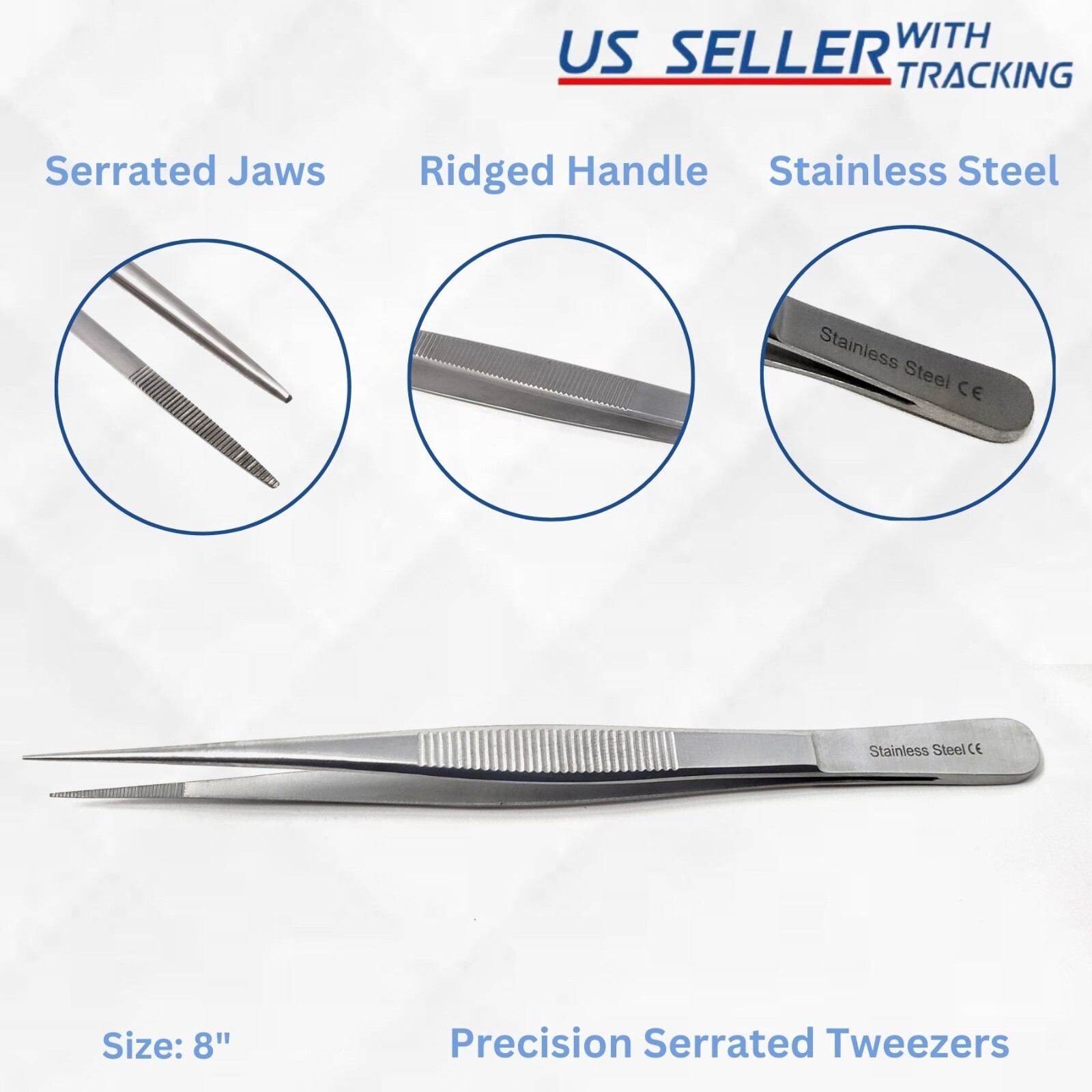 8″ Straight Tweezer- Precision Tool, Stainless Steel, FINE Serrated Points